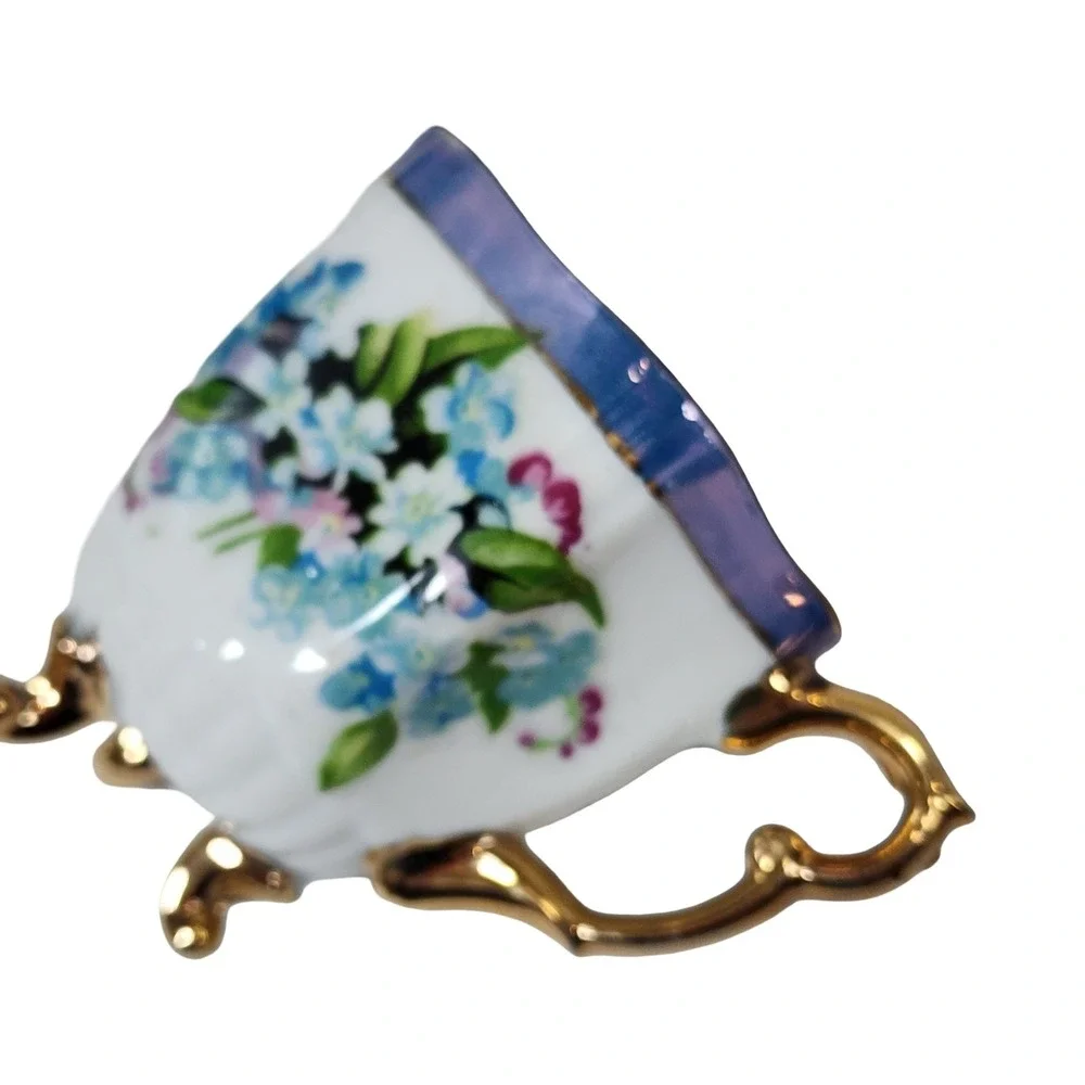 Vintage Footed Iridescent Purple Floral Teacup Saucer Set Reticulated Porcelain